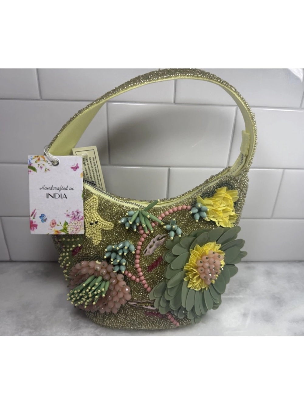 NEW RELEASE Viral Beaded Floral Bag Yellow and Green- Made in India NWT